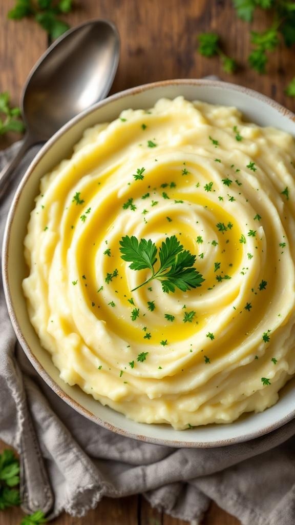 Creamy garlic mashed potatoes in a bowl, garnished with parsley, on a rustic table.