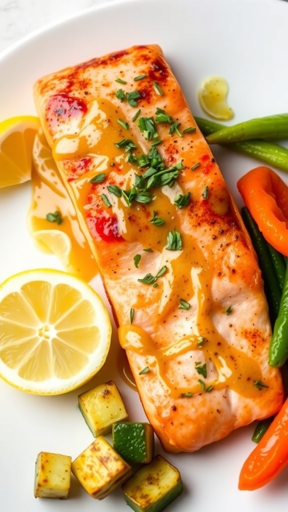 Oven-baked salmon fillet with garlic and Dijon glaze, garnished with herbs and lemon wedges, alongside steamed vegetables.