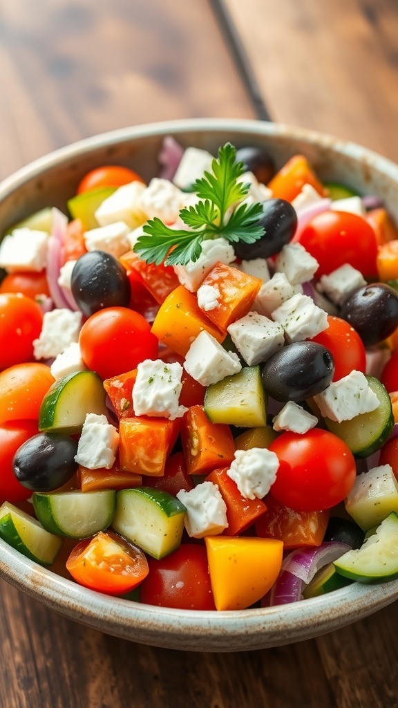 A colorful Greek salad with tomatoes, cucumbers, bell peppers, red onions, olives, and feta cheese in a bowl.