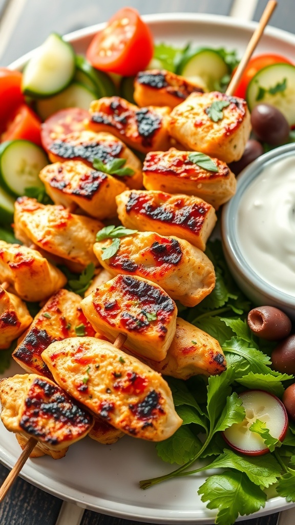Grilled chicken skewers with tzatziki sauce and salad on a plate.