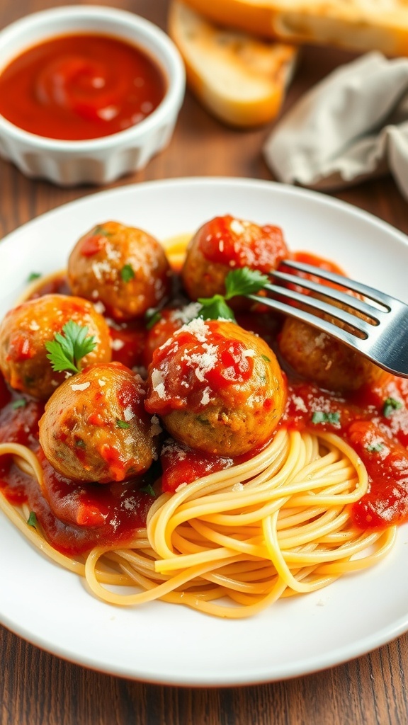 A plate of meatballs in marinara sauce served with spaghetti and garnished with parsley and Parmesan.