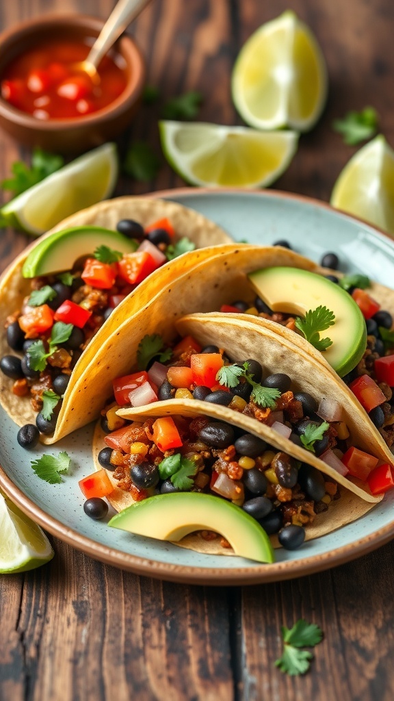 A plate of black bean and corn tacos topped with avocado, tomatoes, and cilantro on a rustic table with lime and salsa.