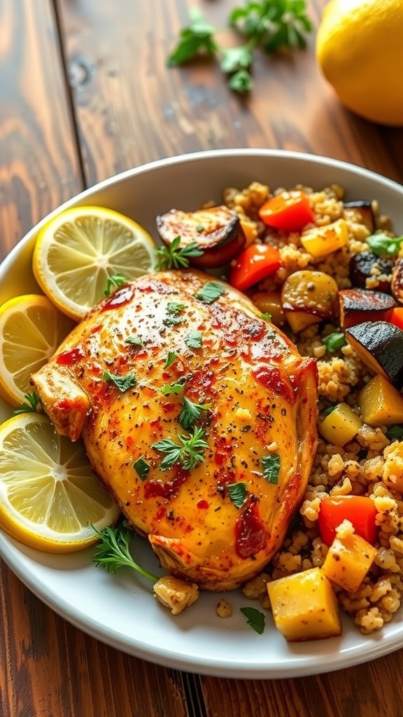 Grilled lemon herb chicken breast garnished with herbs and lemon slices, served with roasted vegetables.