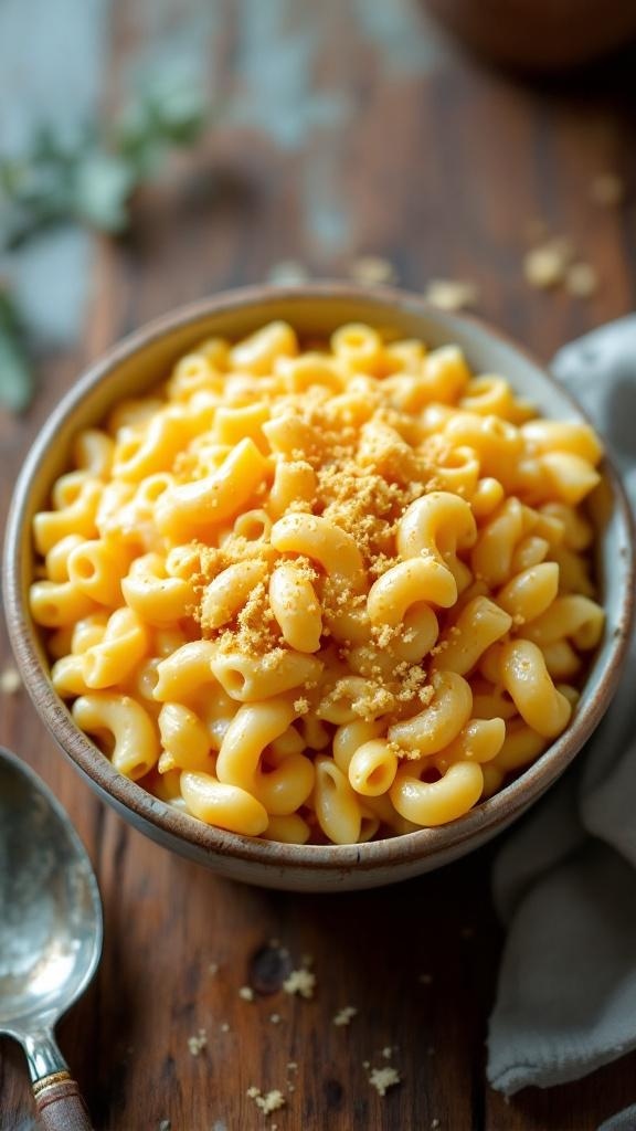 A bowl of creamy macaroni and cheese with breadcrumbs on top, set on a rustic wooden table.