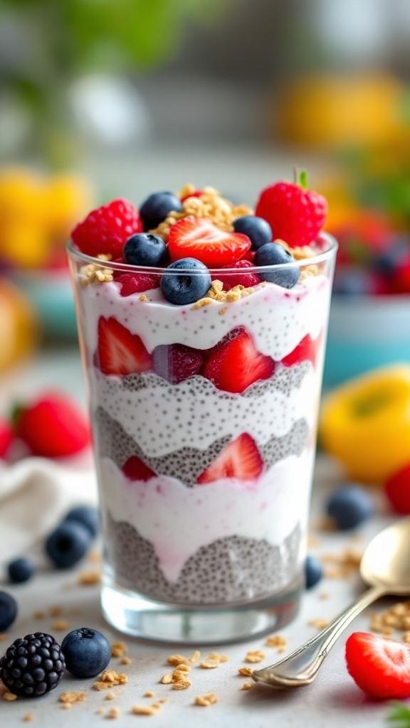 A colorful chia parfait with layers of yogurt, mixed berries, and granola in a clear glass.