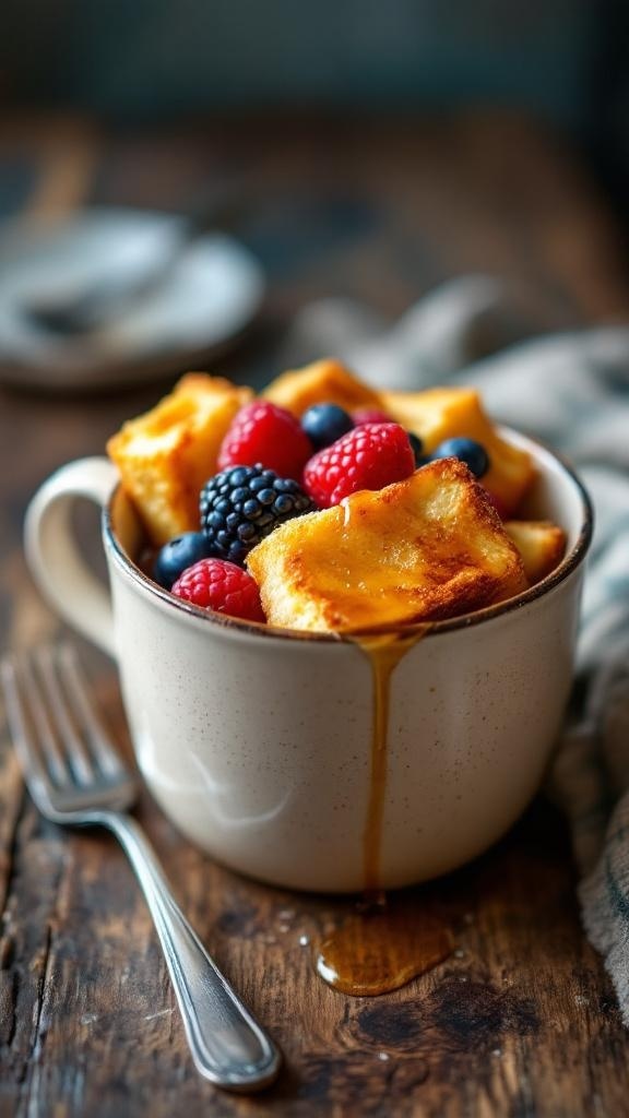 A mug of French toast with berries and syrup on a wooden table.