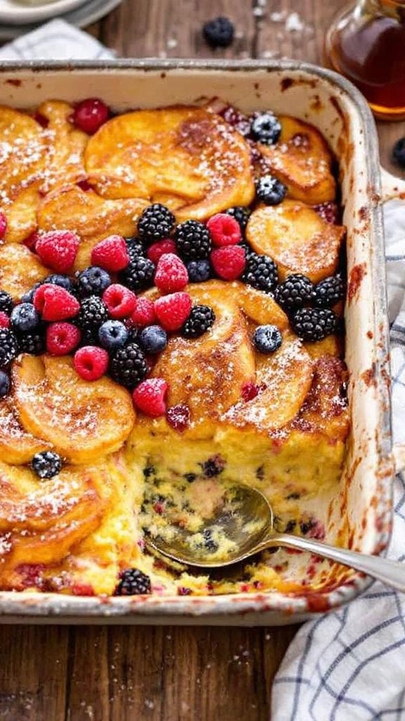 Nut-Free Overnight French Toast Casserole Recipe Nut-free overnight French toast casserole topped with berries and powdered sugar, served with maple syrup.
