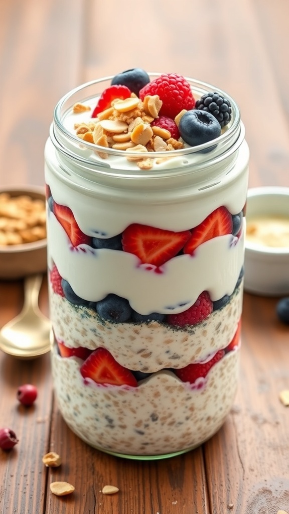 A jar of overnight oats with Greek yogurt, topped with berries and nuts, on a wooden table.
