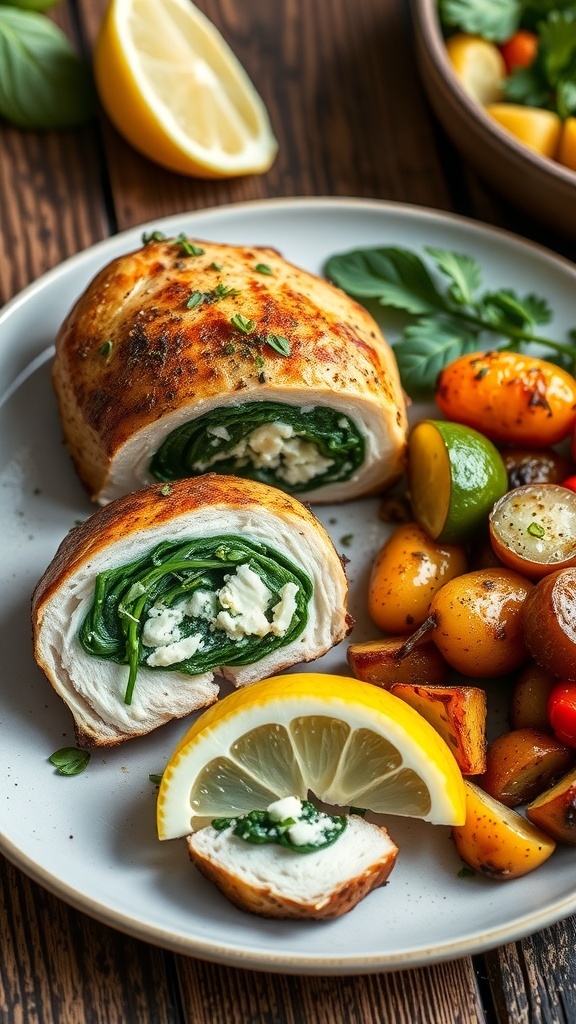 Sliced spinach and feta stuffed chicken breast on a plate with roasted vegetables and lemon wedge.