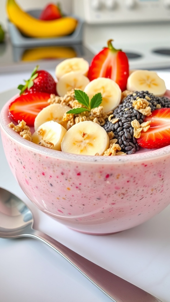 A colorful smoothie bowl with strawberries, bananas, and granola, ready to be enjoyed.