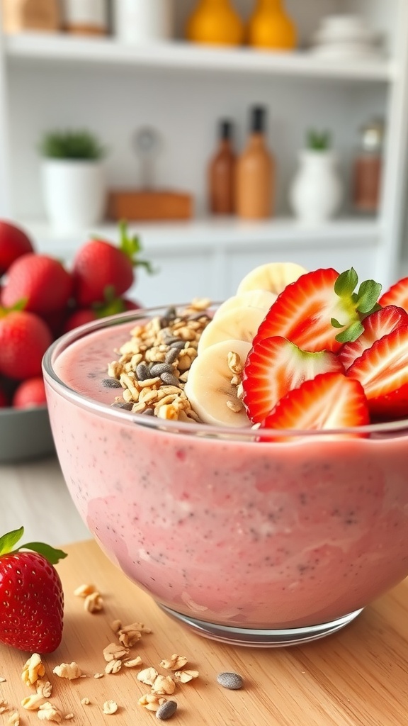 A colorful smoothie bowl with strawberries, bananas, and granola, set in a bright kitchen.