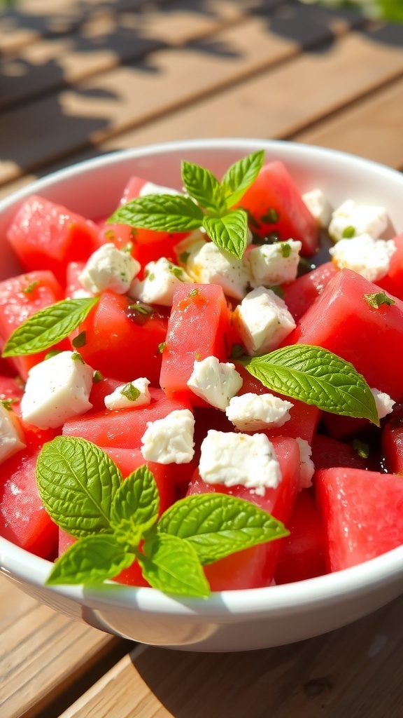 A colorful watermelon and feta salad with mint, drizzled with balsamic glaze, in a bright outdoor setting.