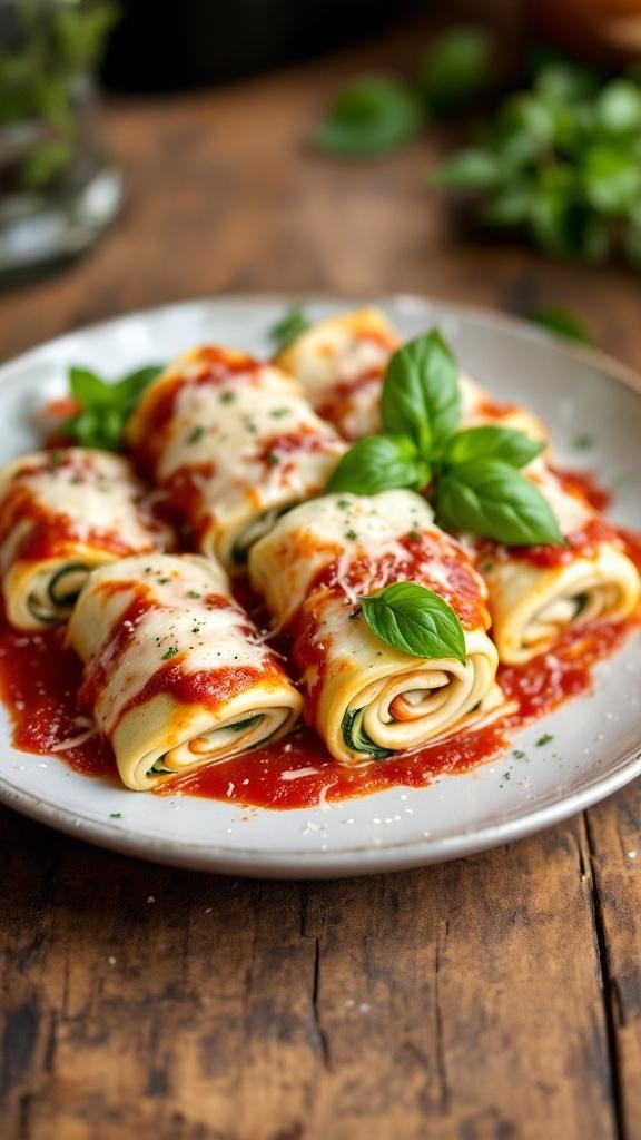 Zucchini lasagna rolls topped with mozzarella and marinara sauce, garnished with basil on a rustic table.
