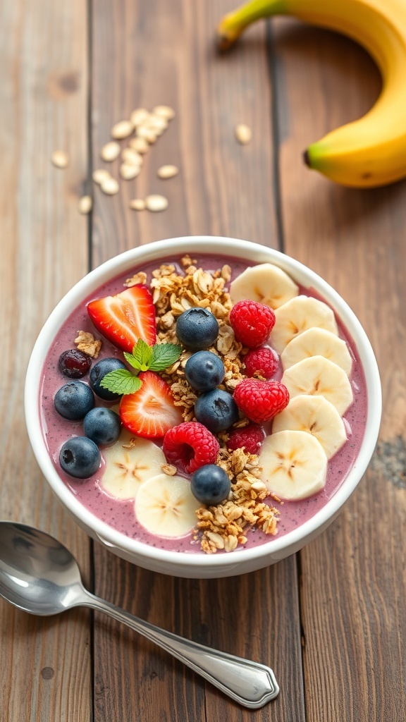 A colorful smoothie bowl with banana slices, berries, granola, and seeds on a wooden table.