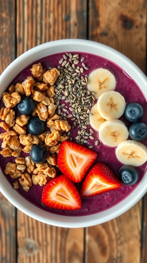 A colorful acai bowl topped with walnuts, chia seeds, and fresh fruits on a wooden table.