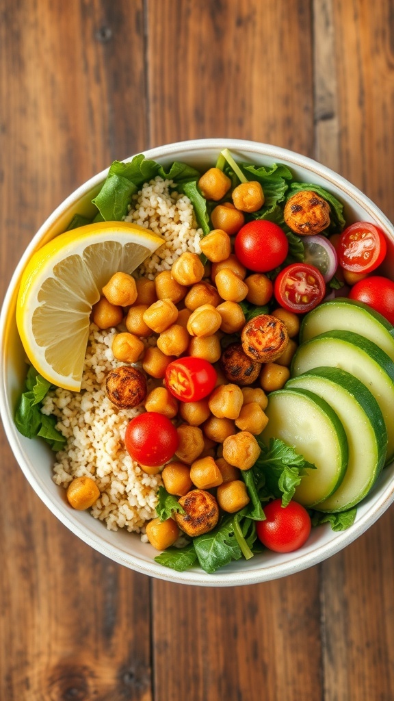 A colorful chickpea and quinoa bowl with greens, tomatoes, cucumber, and avocado, garnished with lemon.