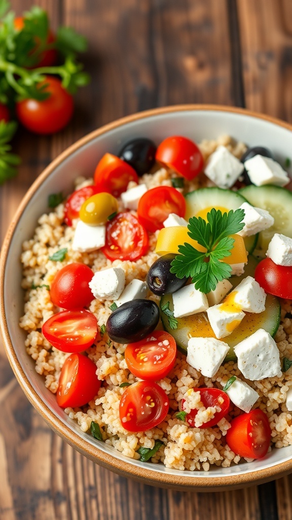 A vibrant Mediterranean quinoa bowl with quinoa, cherry tomatoes, cucumber, olives, feta, and parsley on a rustic table.