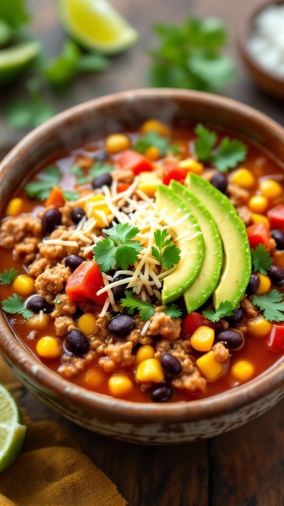 A hearty bowl of taco soup with ground turkey, black beans, corn, and tomatoes, garnished with cilantro and avocado on a wooden table.