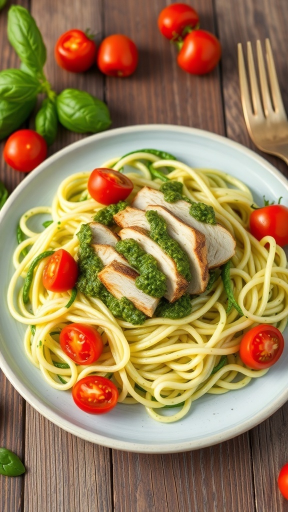 Zucchini noodles with pesto and grilled chicken, garnished with cherry tomatoes and basil on a wooden table.