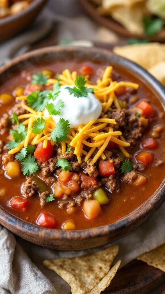 A bowl of Keto Taco Soup with ground beef, tomatoes, bell peppers, topped with cheese and cilantro, alongside tortilla chips.
