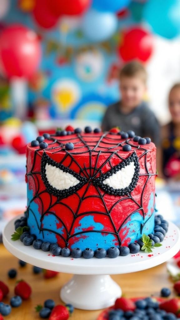 A healthy Spider-Man cake decorated with red and blue frosting and fresh fruit, set in a festive party environment.