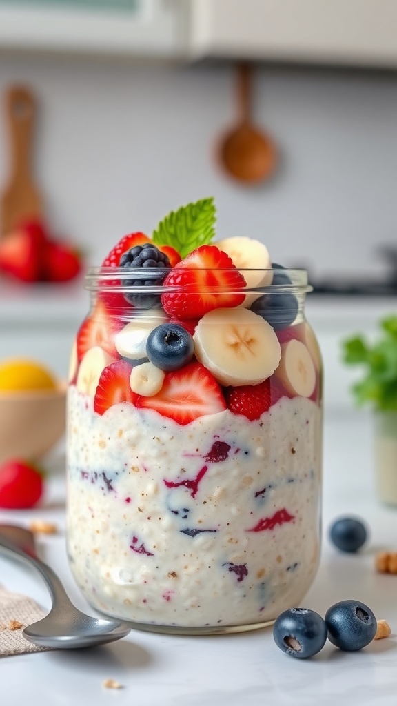 A jar of overnight oats topped with berries and nuts on a kitchen counter.