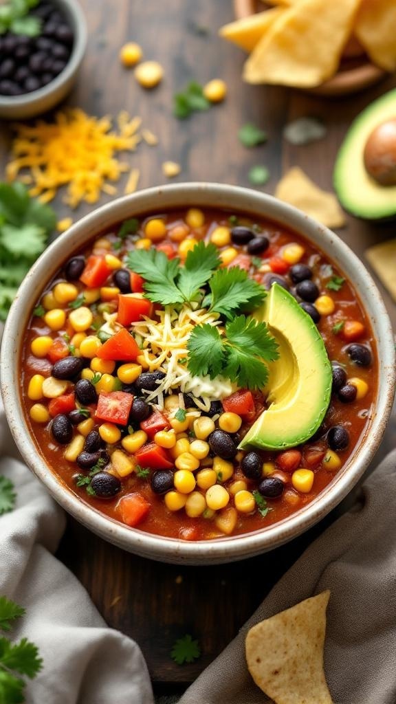 A bowl of healthy taco soup with black beans, corn, tomatoes, garnished with cilantro and avocado, on a wooden table with toppings.