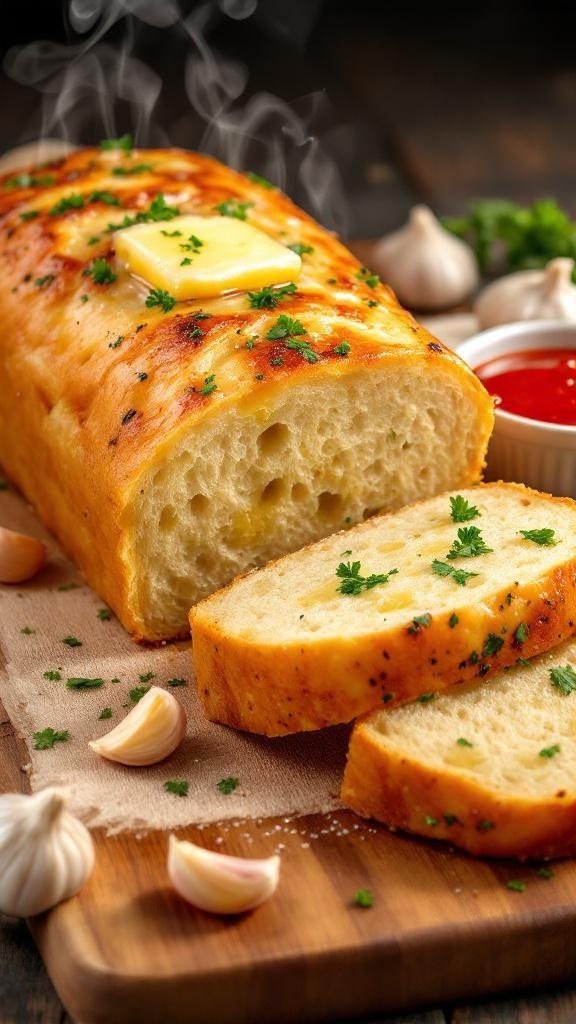 Crispy garlic bread slices on a cutting board with parsley and marinara sauce.