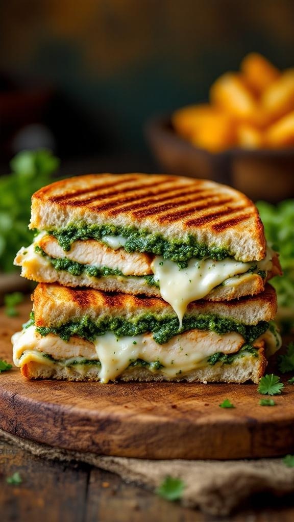 Grilled chicken pesto panini with melted cheese and pesto, served with a side salad on a wooden board.