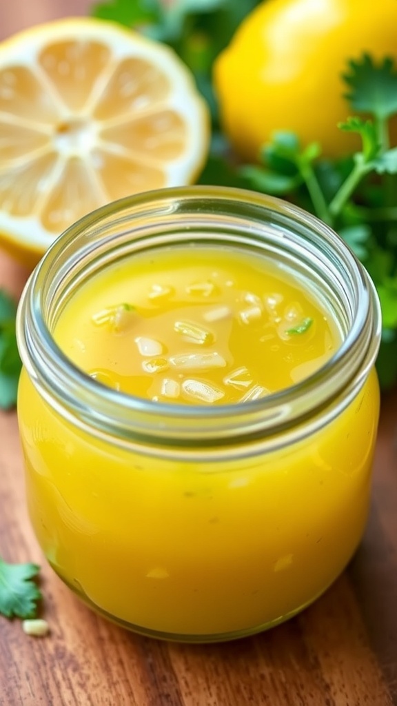A jar of zesty lemon vinaigrette with lemon and herbs, ready to dress a salad.