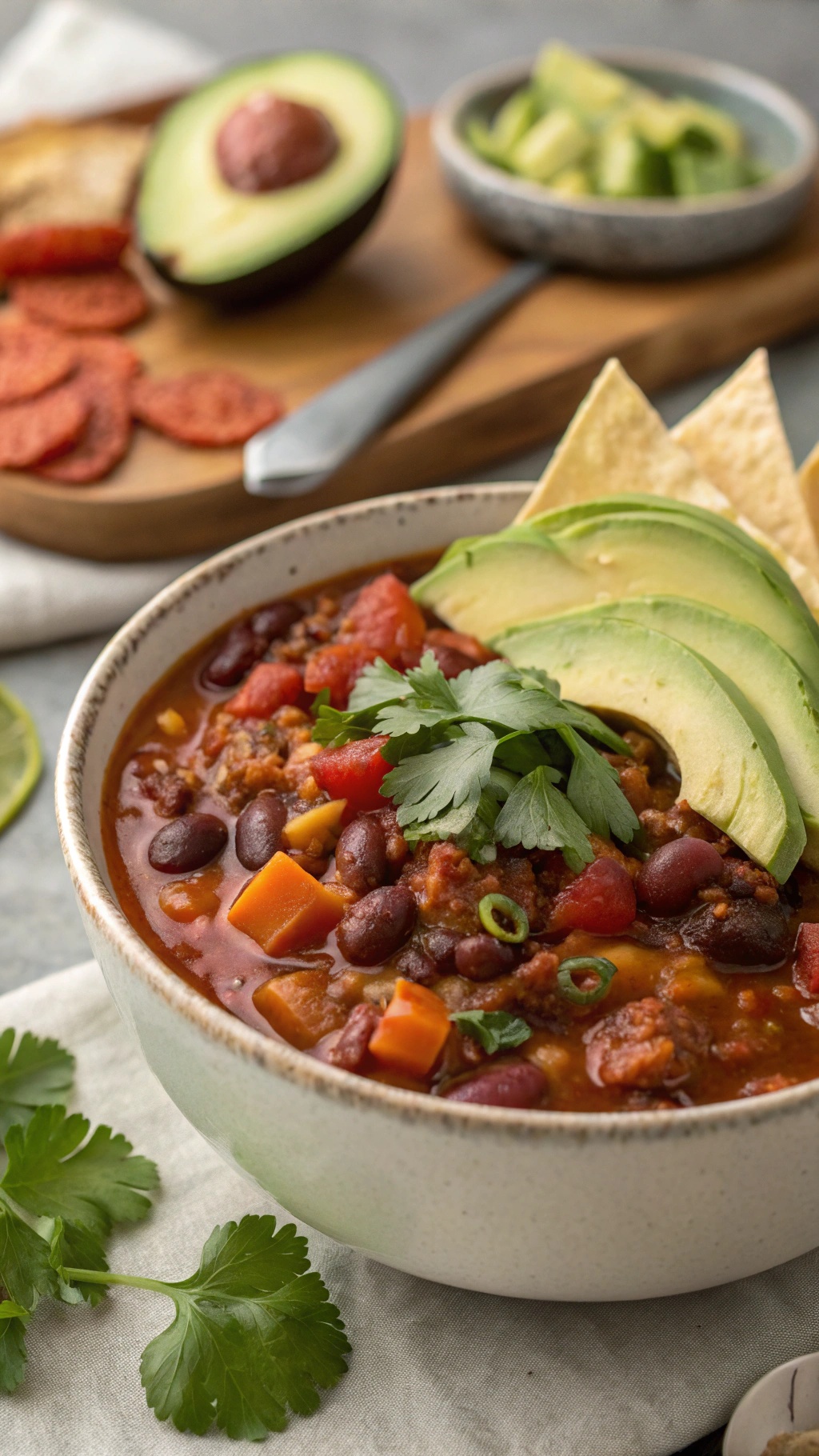 A bowl of vegetable chili topped with avocado slices and cilantro, served with tortilla chips.