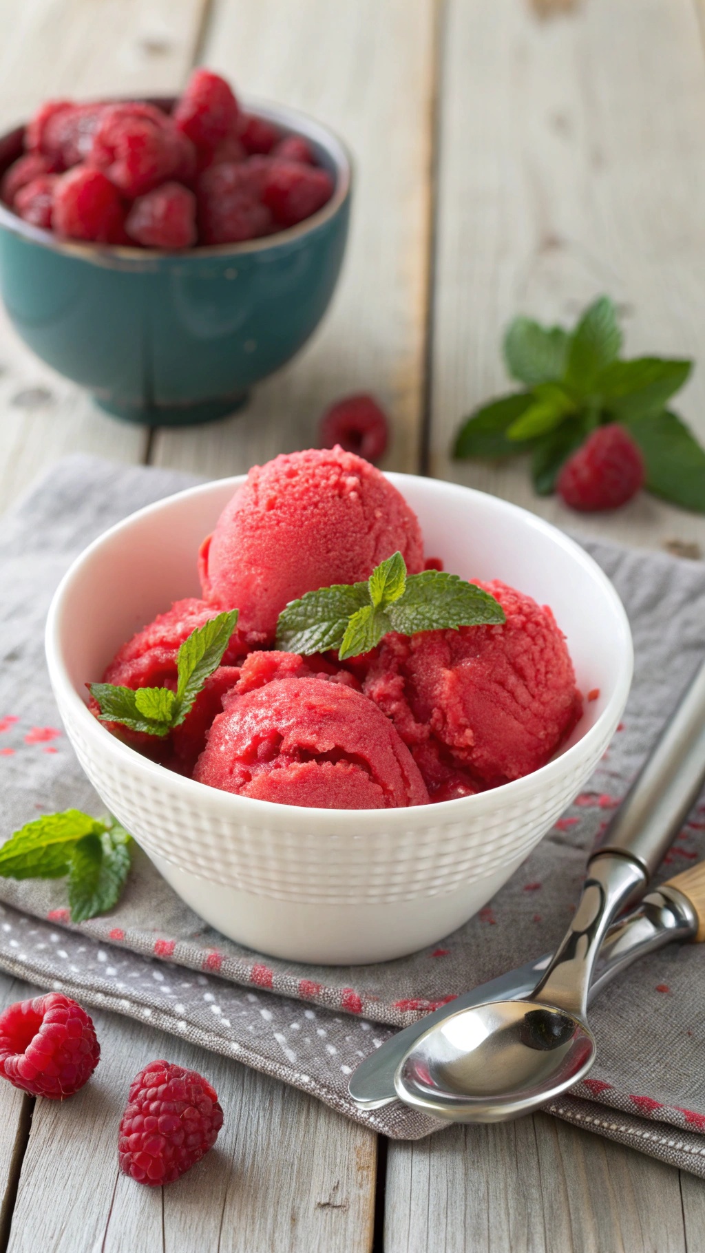 A bowl of raspberry sorbet garnished with mint leaves, surrounded by fresh raspberries.
