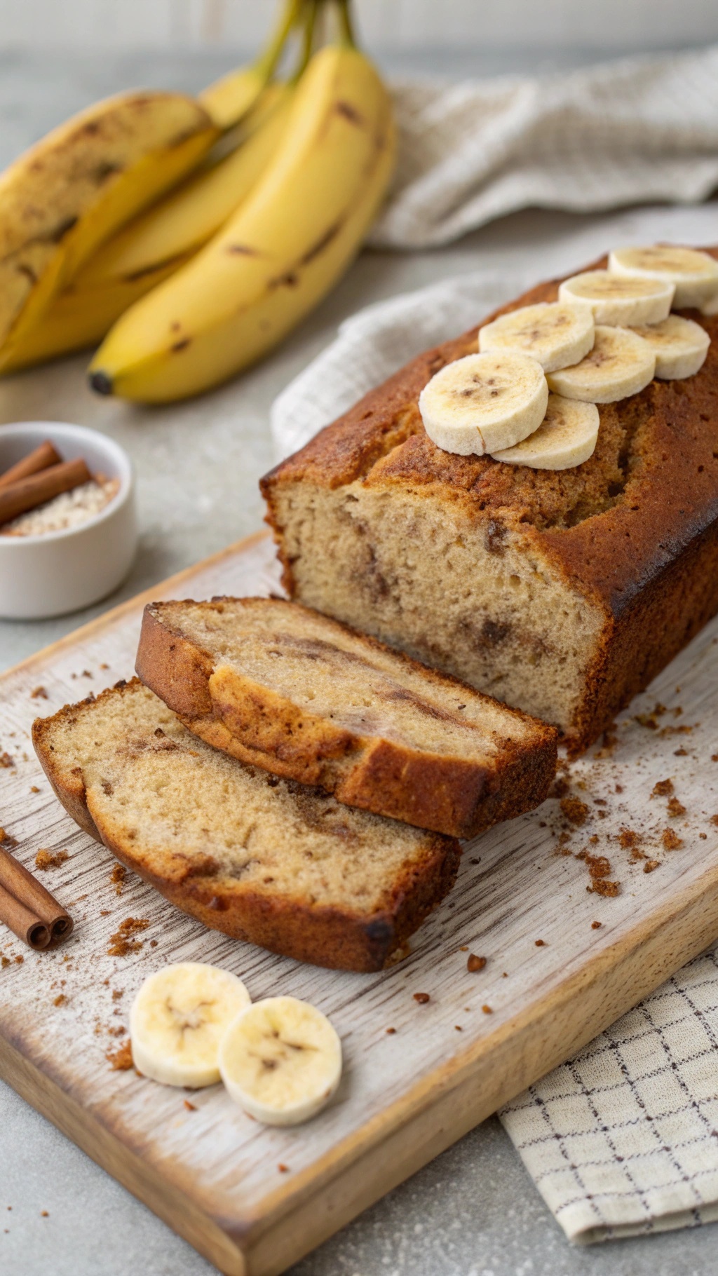 A loaf of banana bread sliced and topped with banana slices, with bananas and cinnamon in the background.