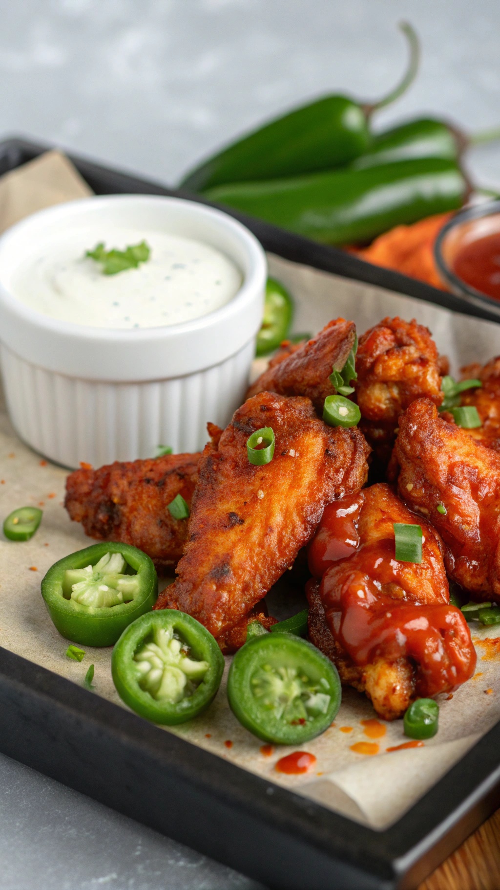 Crispy chicken wings with Sriracha sauce, garnished with green onions and jalapeños, served with ranch dressing.