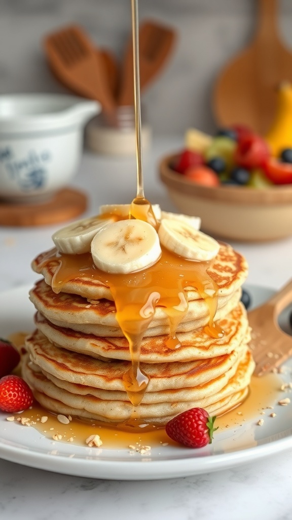 A stack of banana oatmeal pancakes topped with banana slices and honey, served with fresh strawberries.