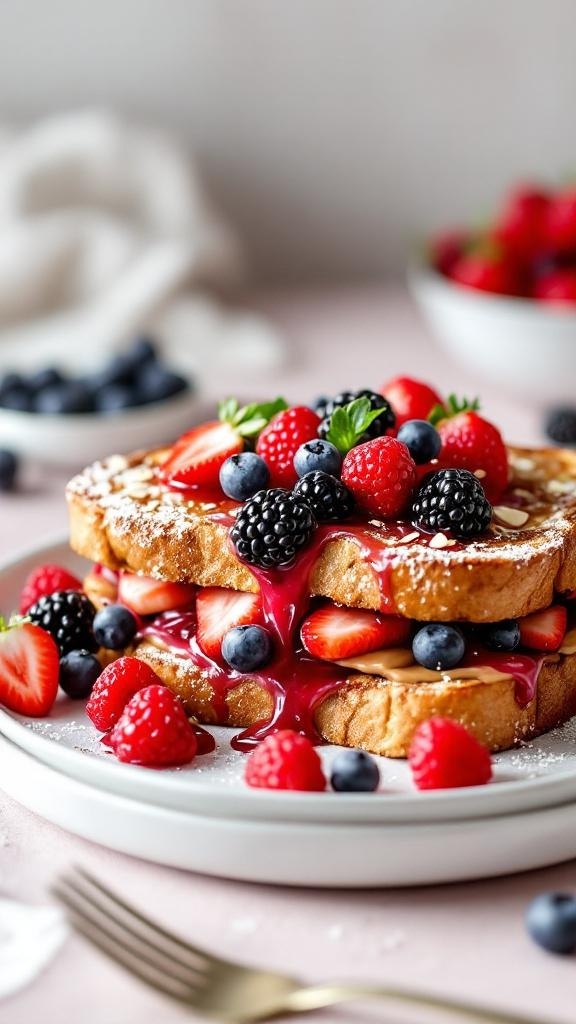 Almond Butter & Berry French Toast Sandwich with fresh berries on top