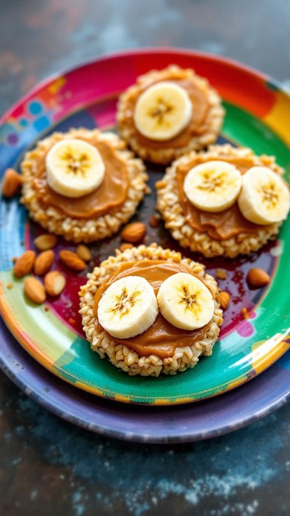 Rice cakes topped with almond butter and banana slices on a colorful plate, with almonds scattered around.