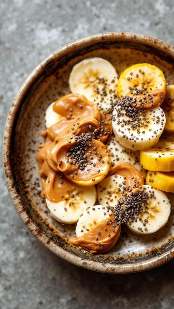 A bowl of banana slices topped with almond butter and chia seeds.