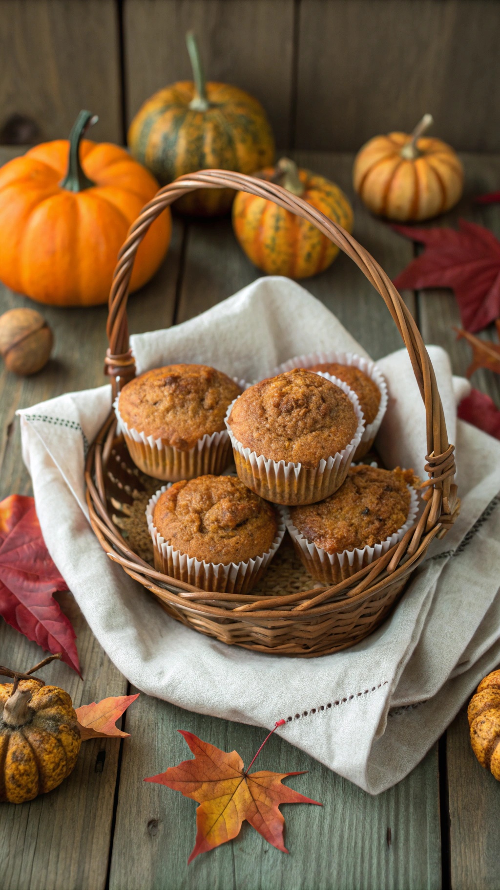 A basket of almond flour pumpkin muffins surrounded by autumn decorations.