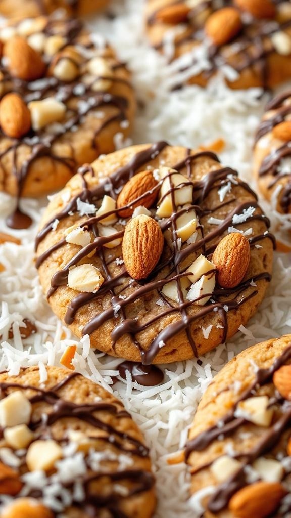 Almond Joy No Bake Cookies topped with almonds and chocolate drizzle
