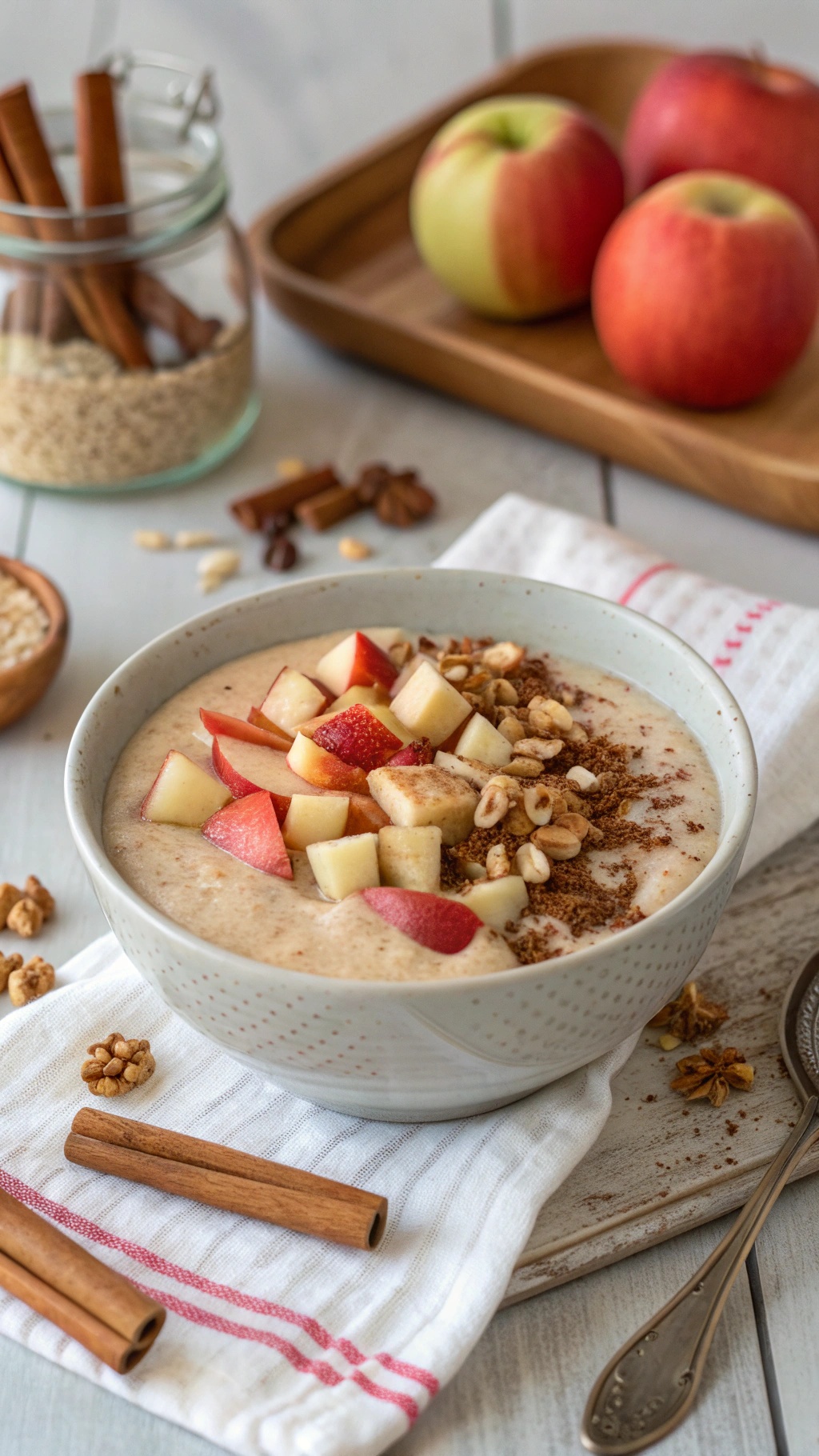 A cozy apple cinnamon smoothie bowl topped with chopped apples, granola, and cinnamon sticks.