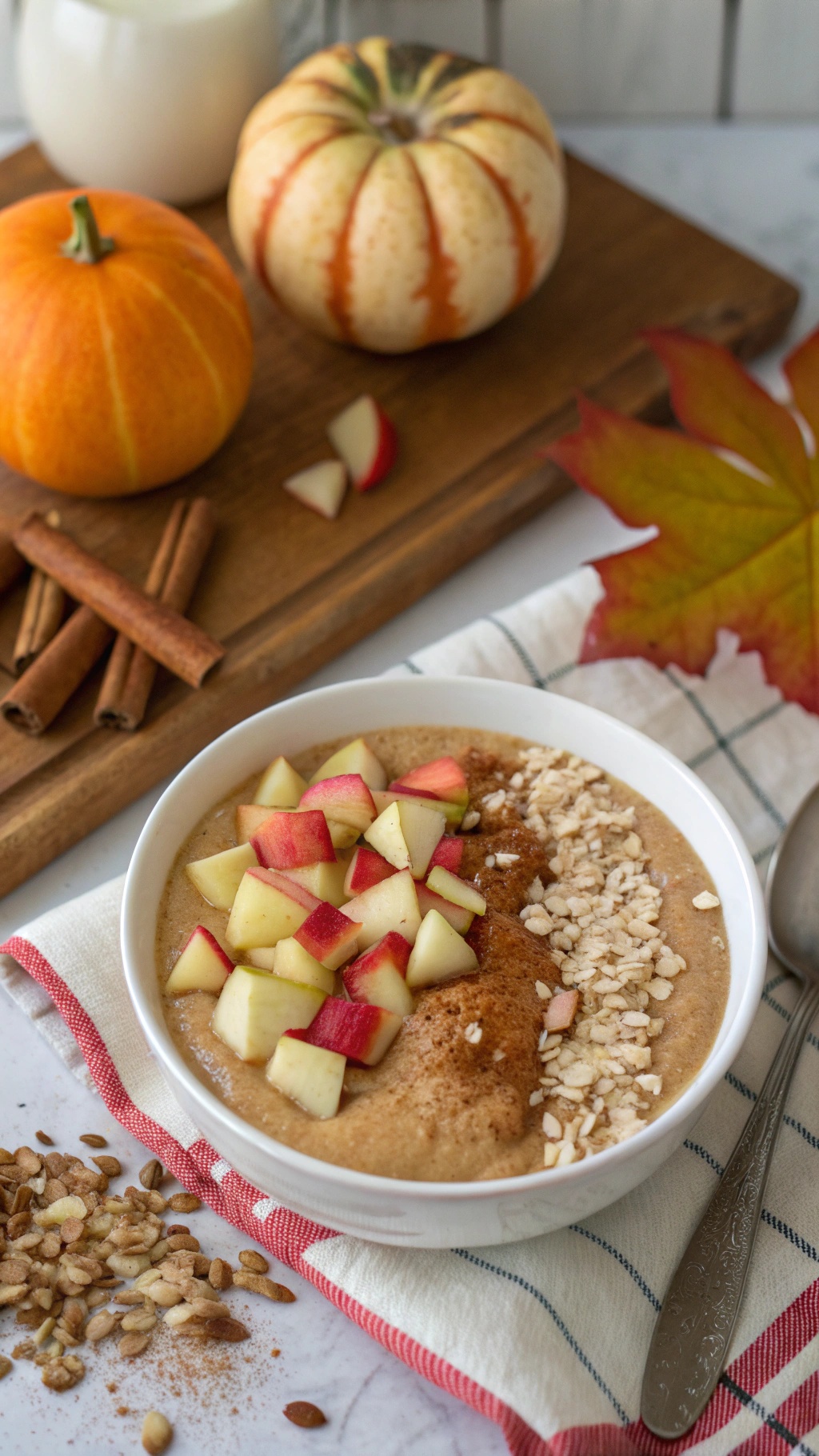 A delicious apple cinnamon crunch smoothie bowl topped with apple chunks, oats, and cinnamon, with pumpkins and cinnamon sticks in the background.