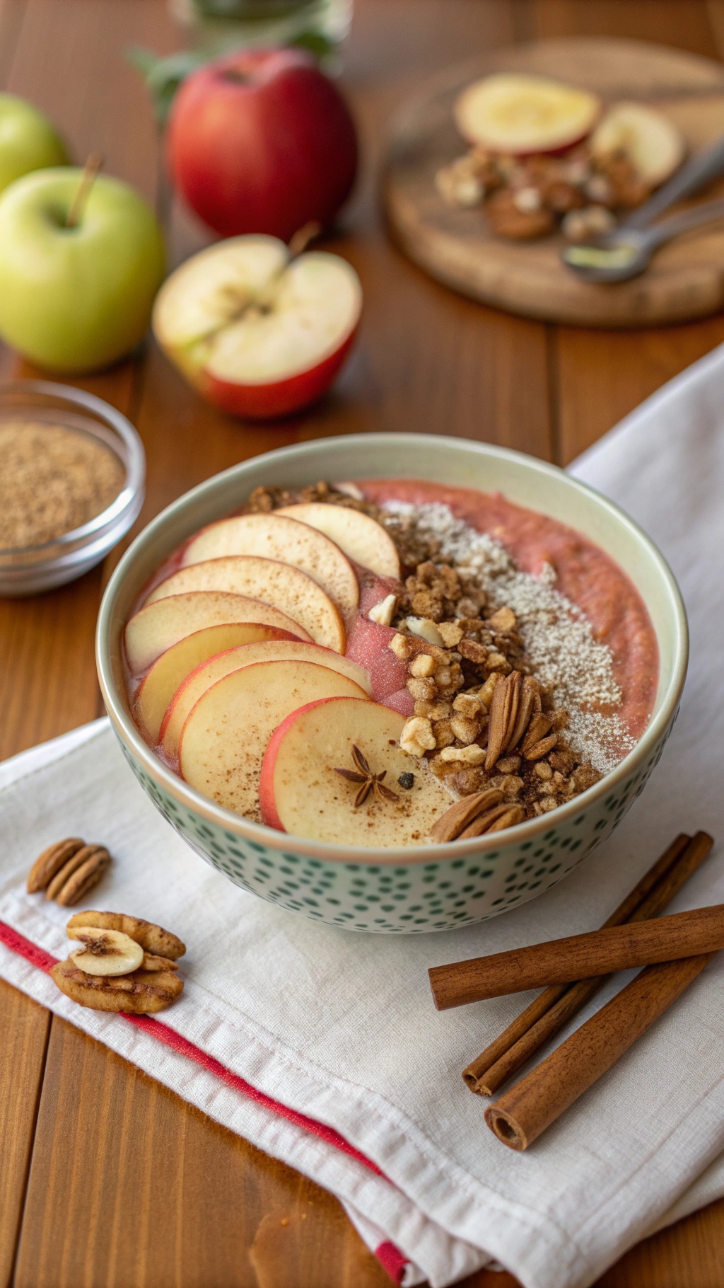 A smoothie bowl topped with sliced apples, nuts, and cinnamon, with fresh apples and cinnamon sticks in the background.