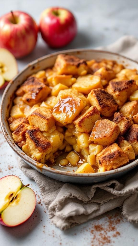 A delicious Apple Cinnamon Overnight French Toast Casserole with diced apples and cinnamon, served in a baking dish.