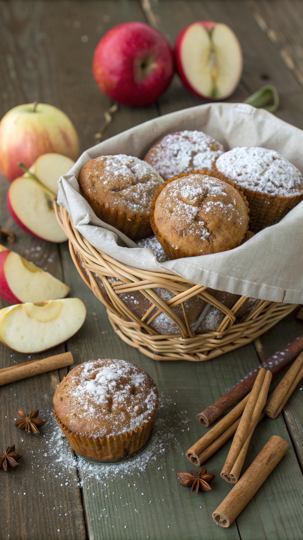 A basket of apple cinnamon protein muffins with fresh apples and cinnamon sticks around.