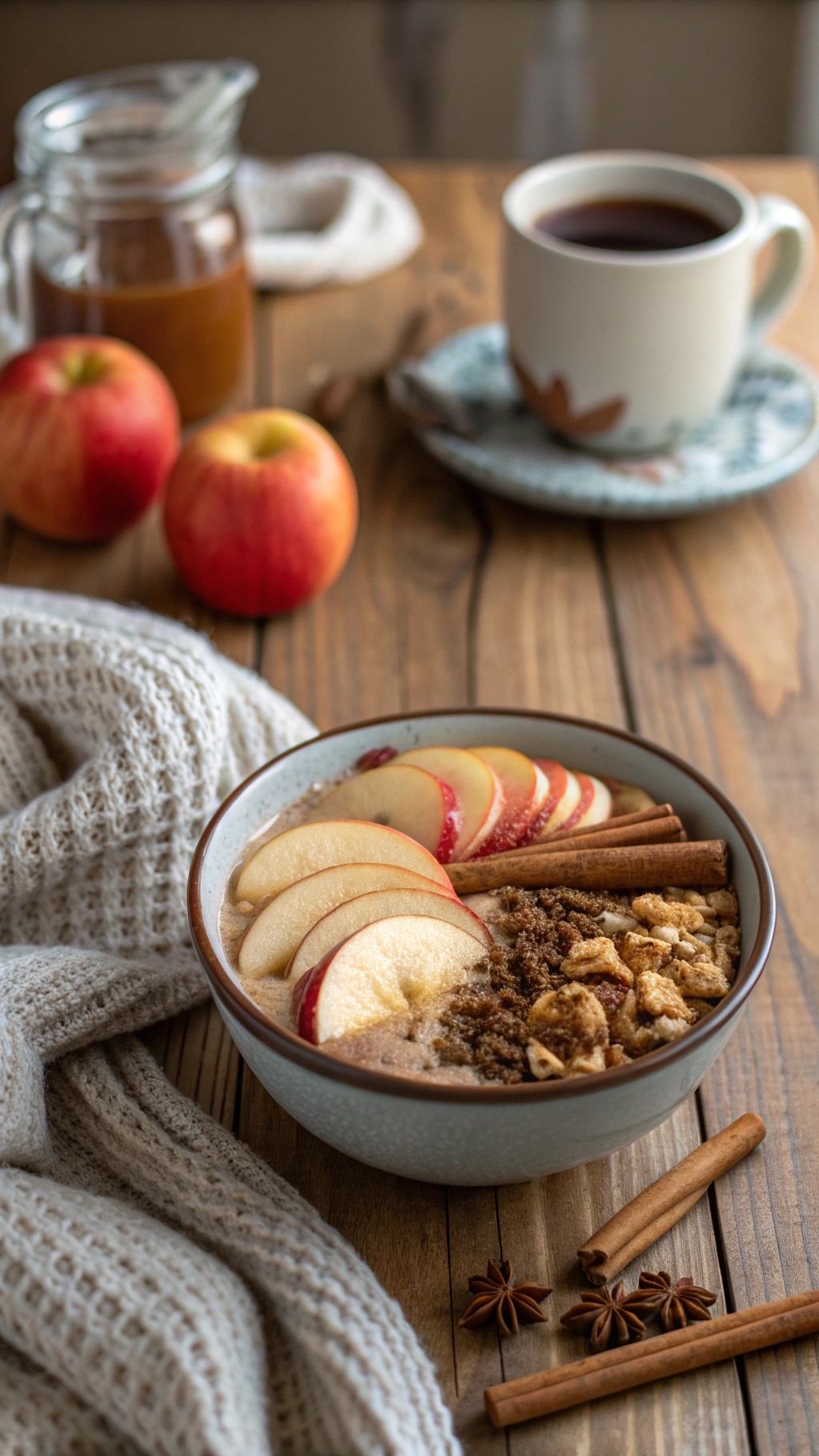 A cozy apple cinnamon smoothie bowl with sliced apples, granola, and cinnamon sticks on a wooden table.
