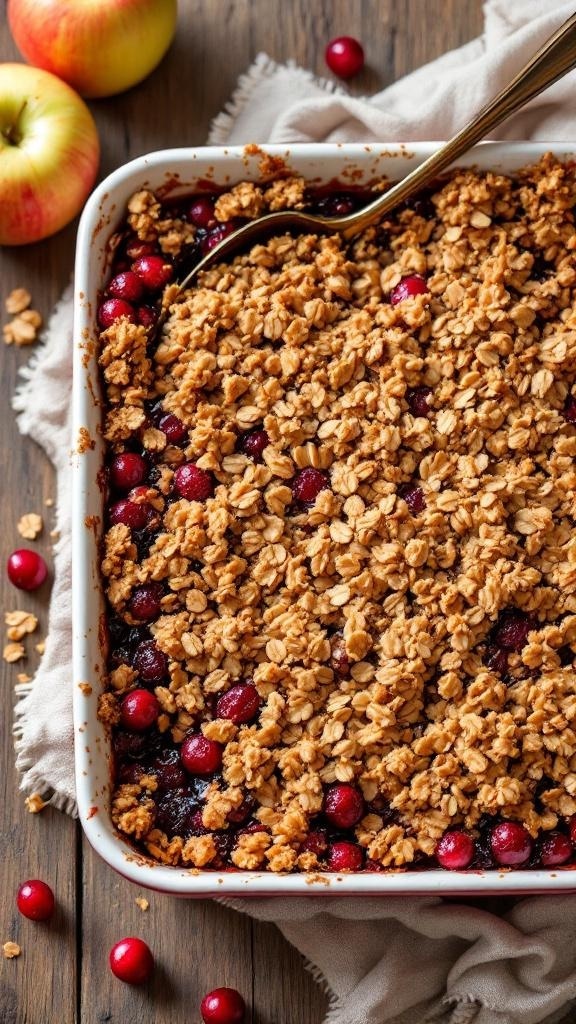 A delicious apple crisp topped with oats and cranberries, served in a baking dish.