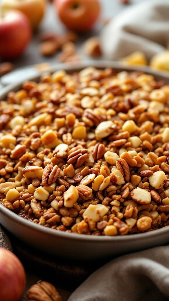 A delicious apple crisp topped with nuts, ready to be served.