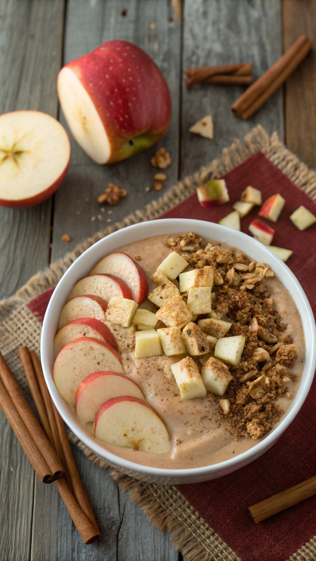 A smoothie bowl topped with apple slices, granola, and cinnamon, inspired by apple pie flavors.