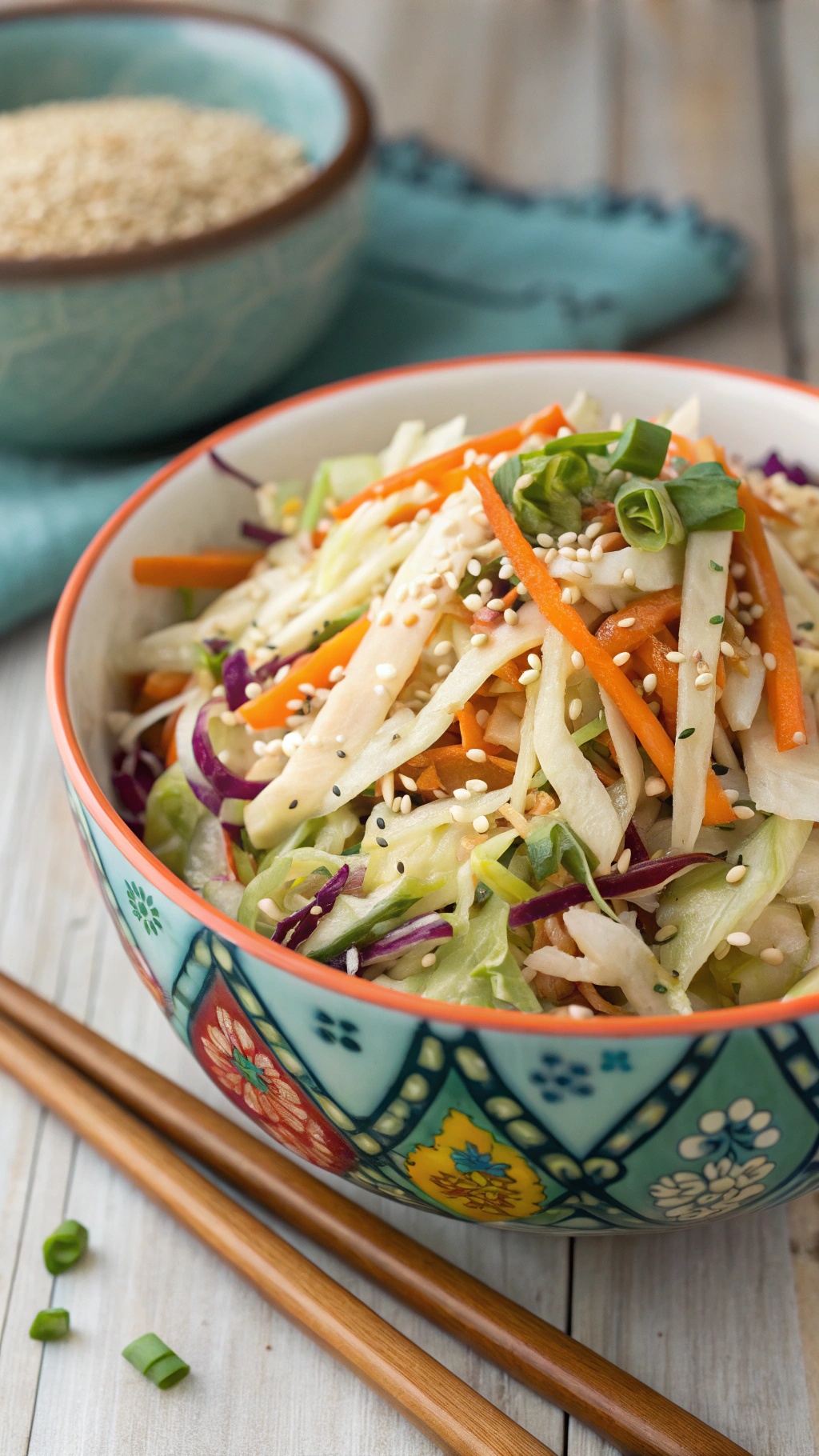 A colorful Asian-inspired cabbage detox salad in a decorative bowl with chopsticks beside it.